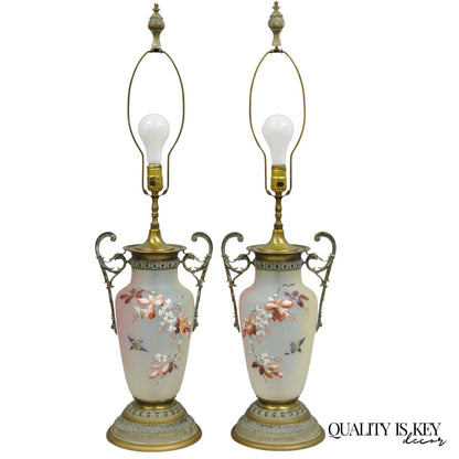 Antique English Victorian Rainbow Glass Hand Painted Birds Table Lamp - a Pair