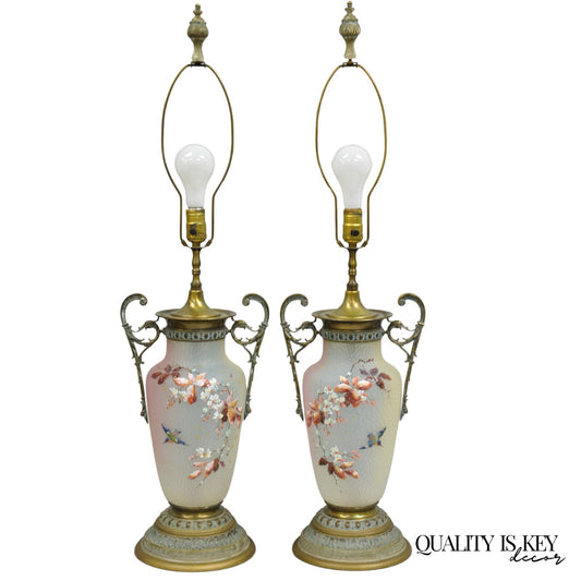 Antique English Victorian Rainbow Glass Hand Painted Birds Table Lamp - a Pair