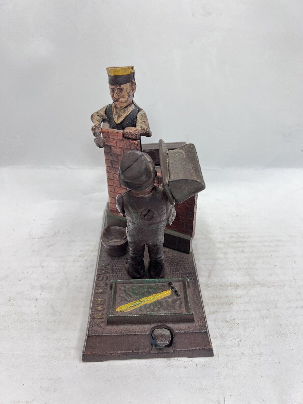 Vintage Cast Iron Mason and Hod Carrier Bank Coin Piggy Bank Taiwan Reproduction