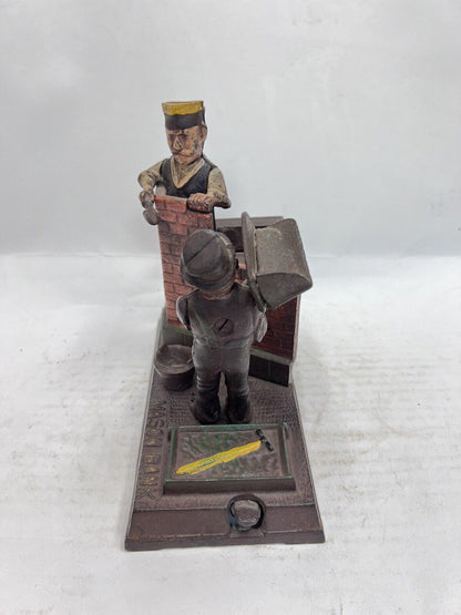 Vintage Cast Iron Mason and Hod Carrier Bank Coin Piggy Bank Taiwan Reproduction