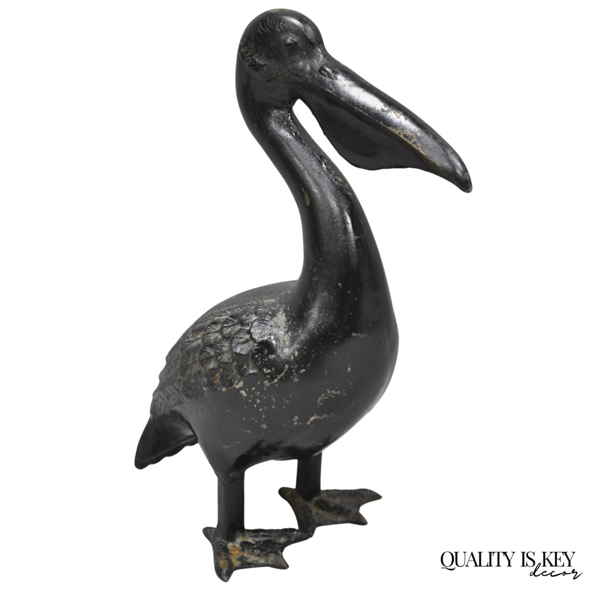 Vintage Japanese Cast Iron Black 17" Pelican Bird Garden Statue Sculpture