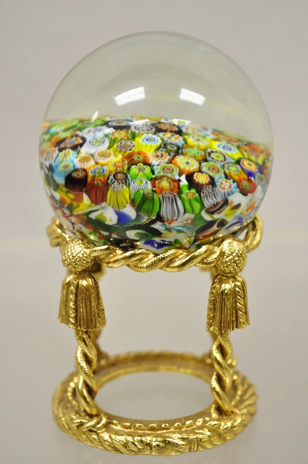 Vintage Art Glass Millefiori Italian Murano Round Sphere Paperweight on Stand