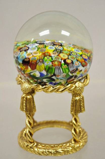 Vintage Art Glass Millefiori Italian Murano Round Sphere Paperweight on Stand