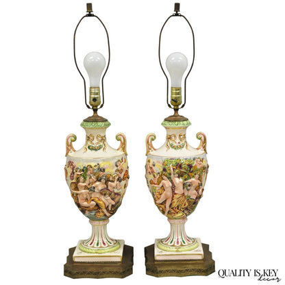 Antique Italian Capodimonte Ceramic Porcelain Figural Urn Table Lamps - a Pair