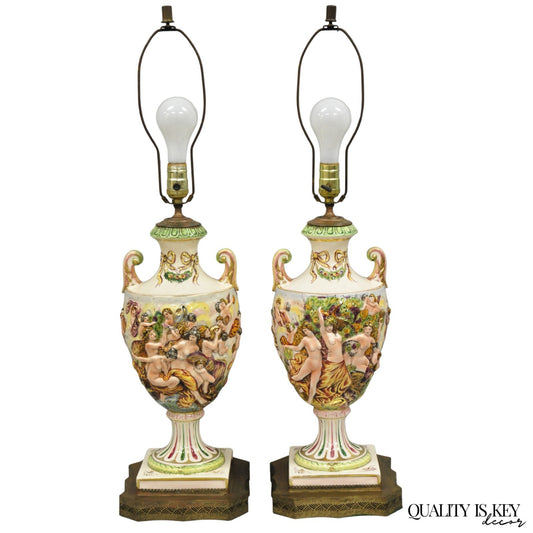 Antique Italian Capodimonte Ceramic Porcelain Figural Urn Table Lamps - a Pair
