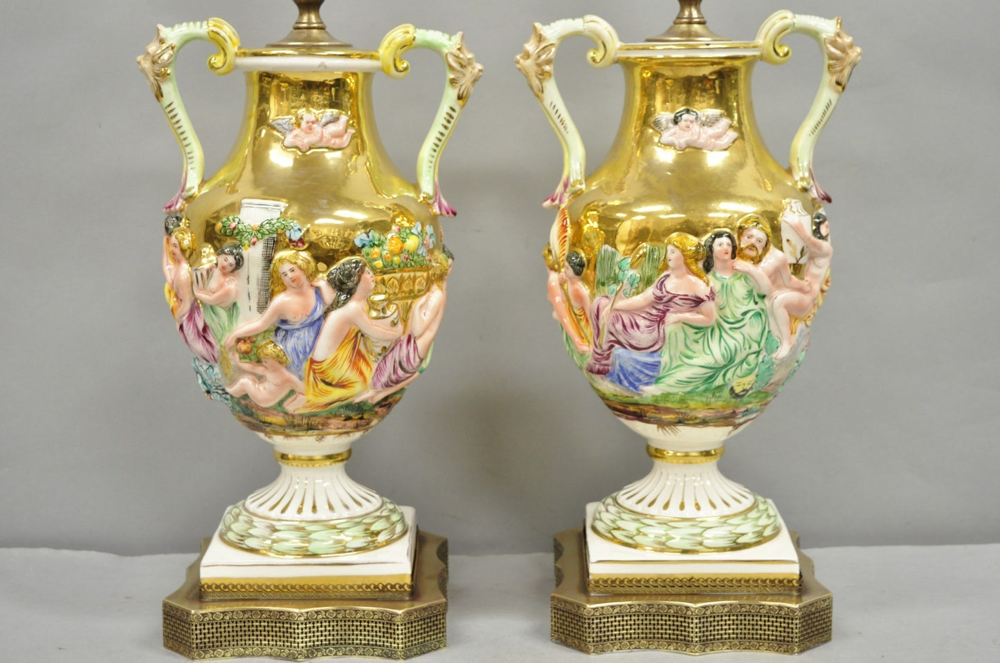 Antique Capodimonte Figural Porcelain Twin Handle Urn Gold Vase Table Lamps Pair