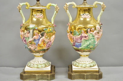 Antique Capodimonte Figural Porcelain Twin Handle Urn Gold Vase Table Lamps Pair