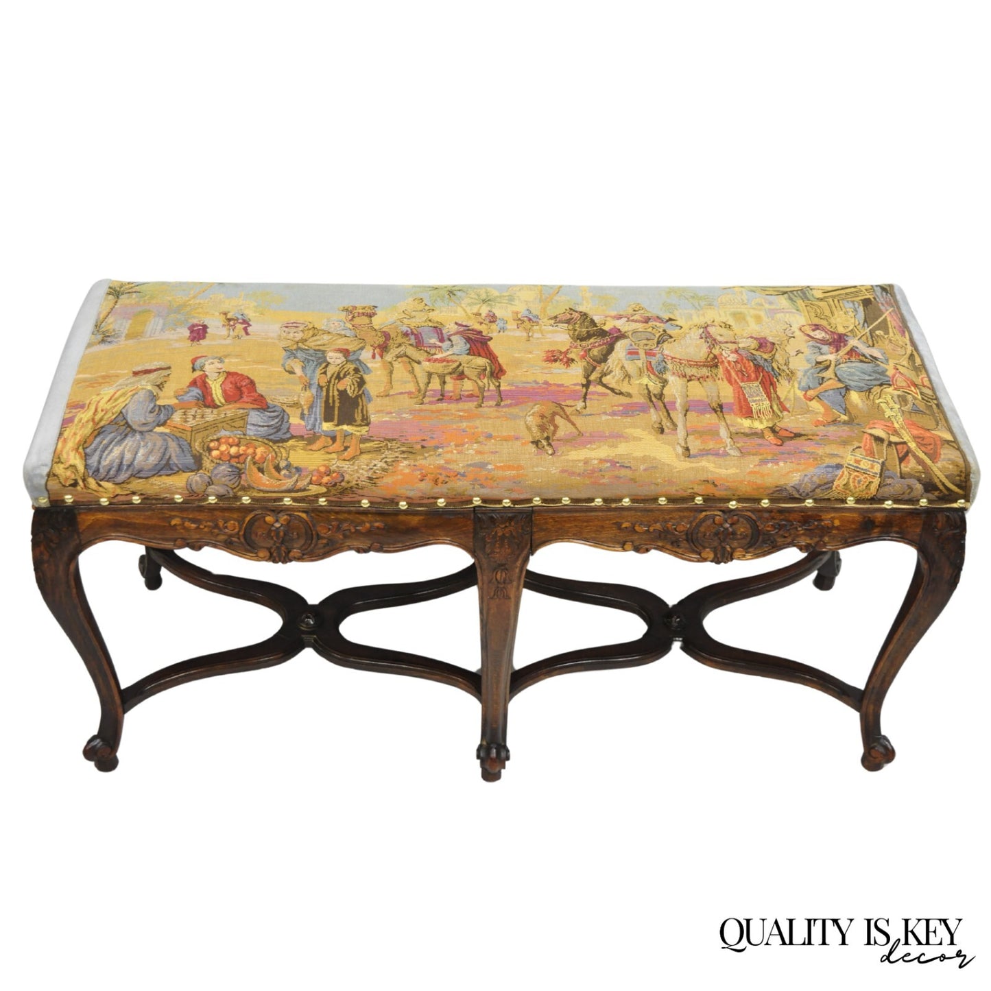 Vintage French Country Louis XV Style Walnut Bench w/ Arabian Market Tapestry