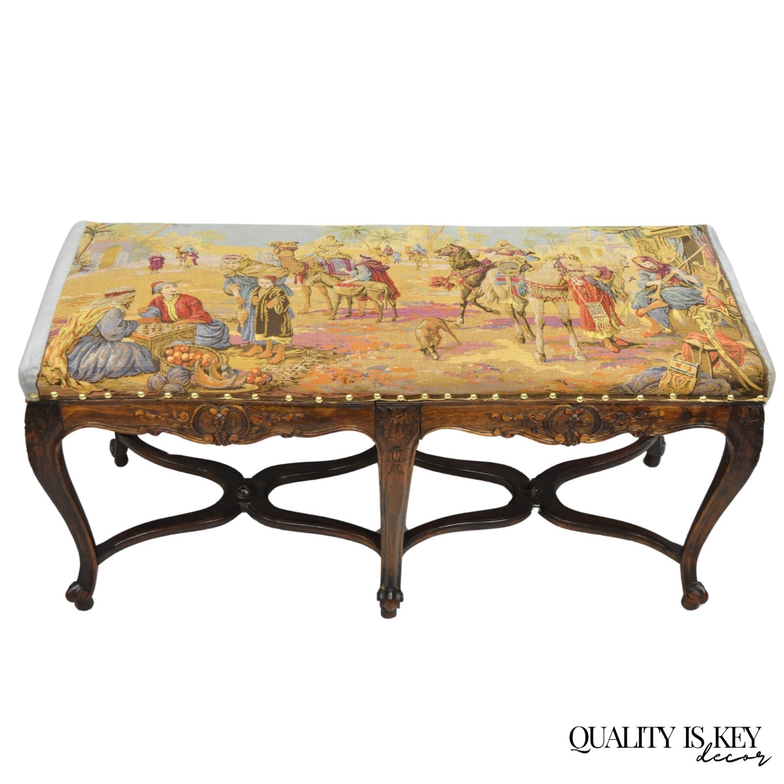 Vintage French Country Louis XV Style Walnut Bench w/ Arabian Market Tapestry