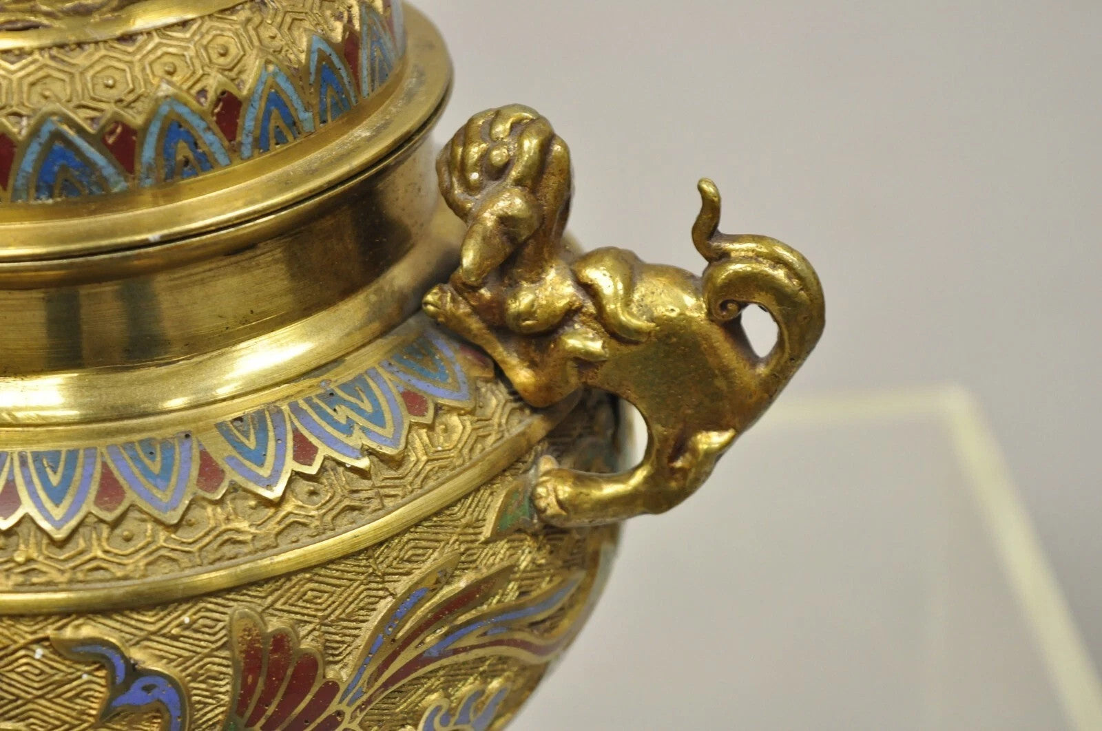 Vintage Japanese Cloisonne Enamel Champleve Bronze Foo Dog Incense Burner