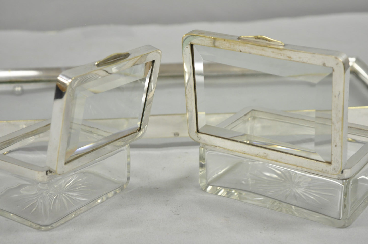 Art Deco Austrian Silver Plated Cut Glass Casket Trinket Box Set w/ Tray - 3 Pcs