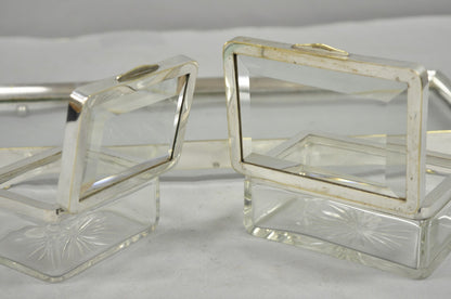 Art Deco Austrian Silver Plated Cut Glass Casket Trinket Box Set w/ Tray - 3 Pcs