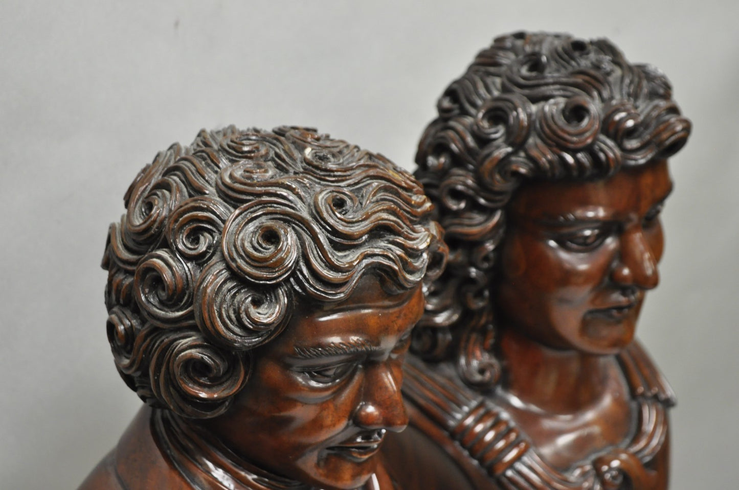 Classical Maitland Smith Style Carved Mahogany Wood Bust on Alabaster - a Pair