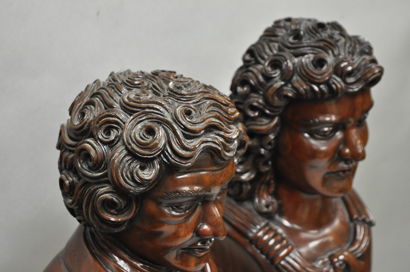 Classical Maitland Smith Style Carved Mahogany Wood Bust on Alabaster - a Pair