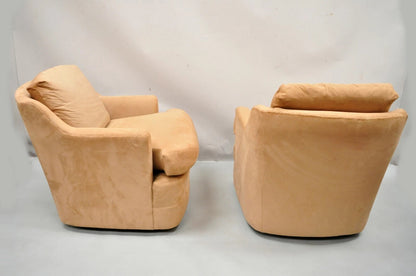 Vintage Mid Century Modern Brown Upholstered Swivel Lounge Club Chairs - a Pair
