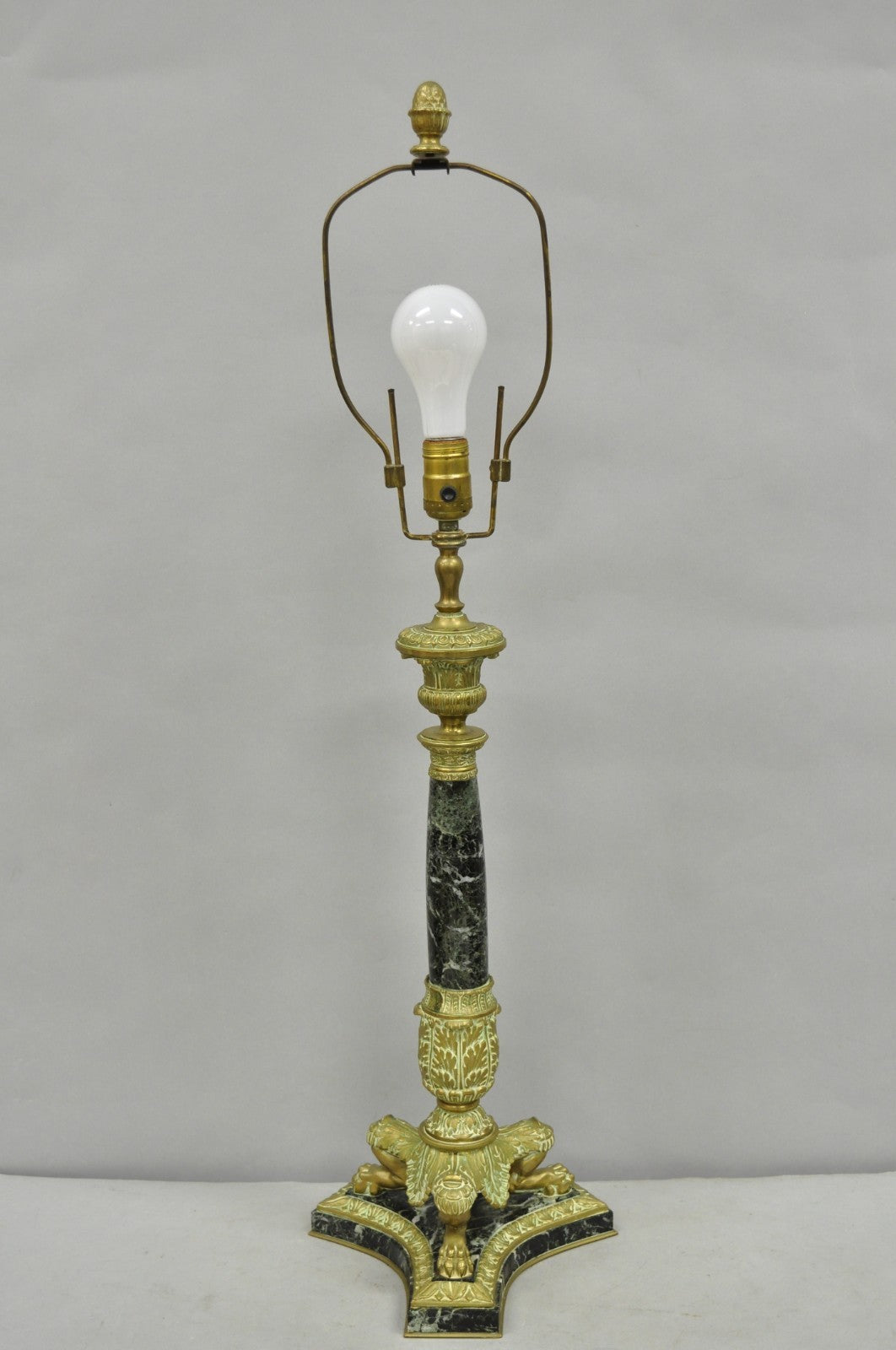 Antique French Empire Regency Gilt Bronze & Marble Column Paw Foot Table Lamp