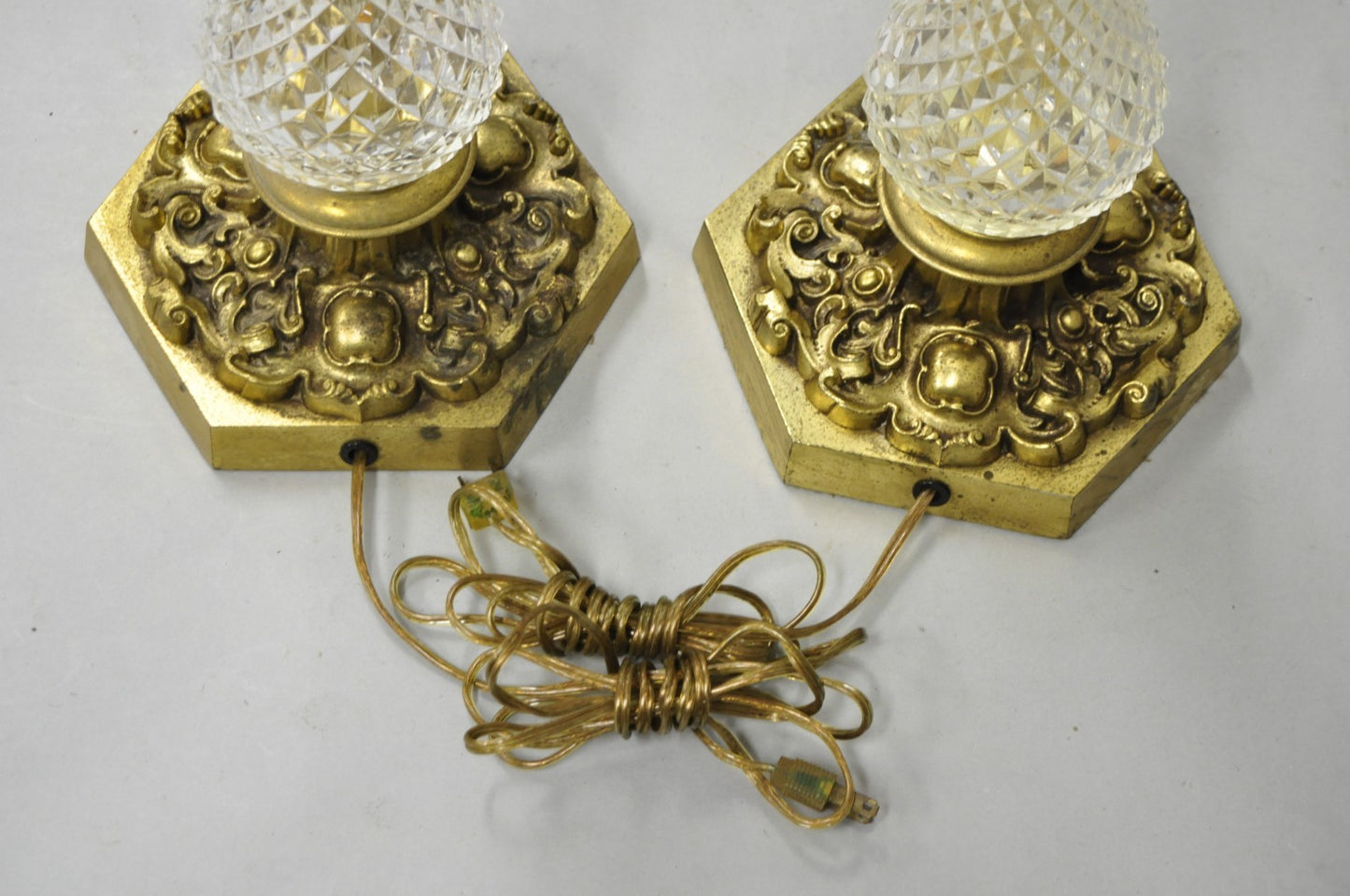 Vintage French Empire Brass & Crystal Glass Column "Oil Lamp" Table Lamps, Pair