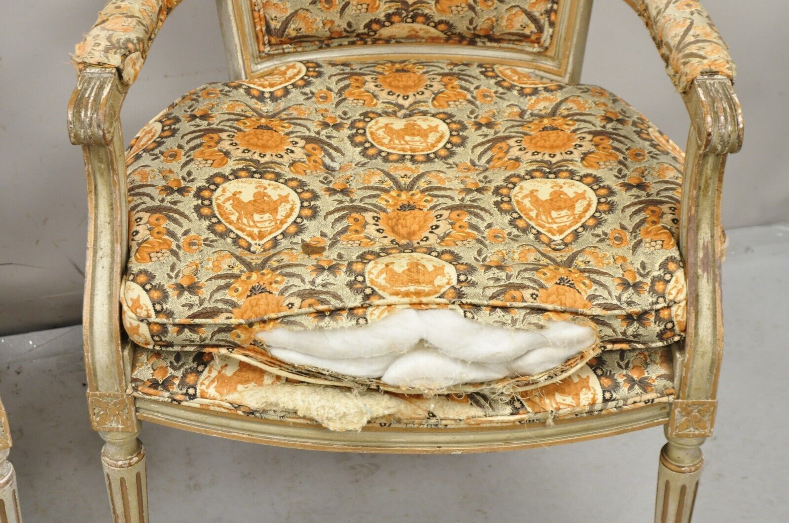Antique French Louis XVI Style Distressed Cream Painted Fauteuil Arm Chairs Pair