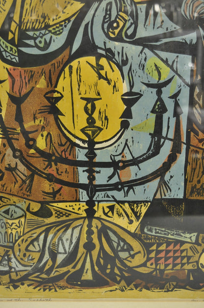 Vintage Irving Amen "Eve of the Sabbath" Woodblock Print Judaica Art, Signed