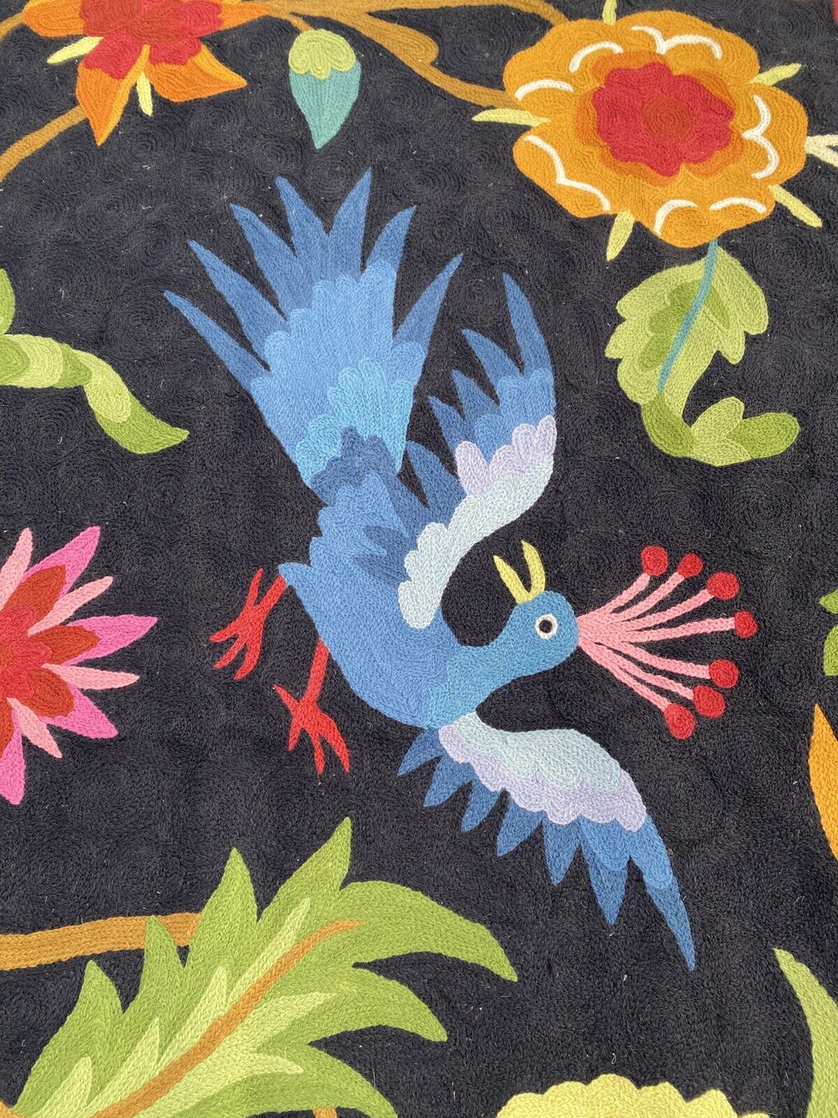 Art Deco Style Embroidered Chainstitch Wool Birds of Paradise Tapestry Rug