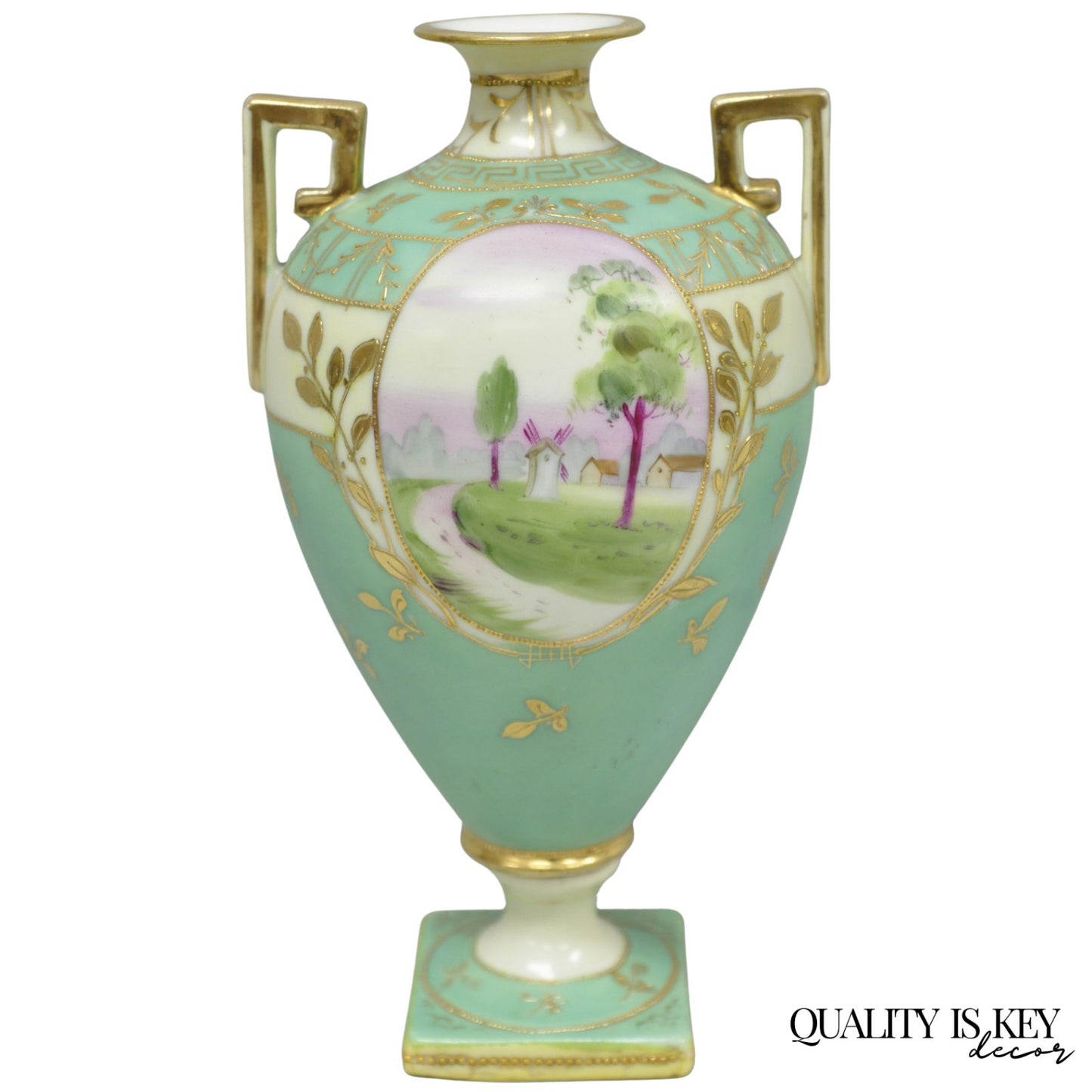 Antique Nippon Porcelain Hand Painted Windmill Scene Green Small Bolted Vase (B)