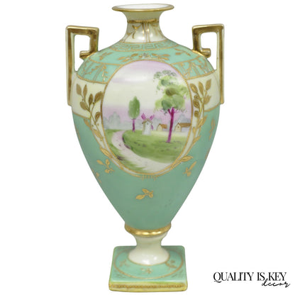 Antique Nippon Porcelain Hand Painted Windmill Scene Green Small Bolted Vase (B)