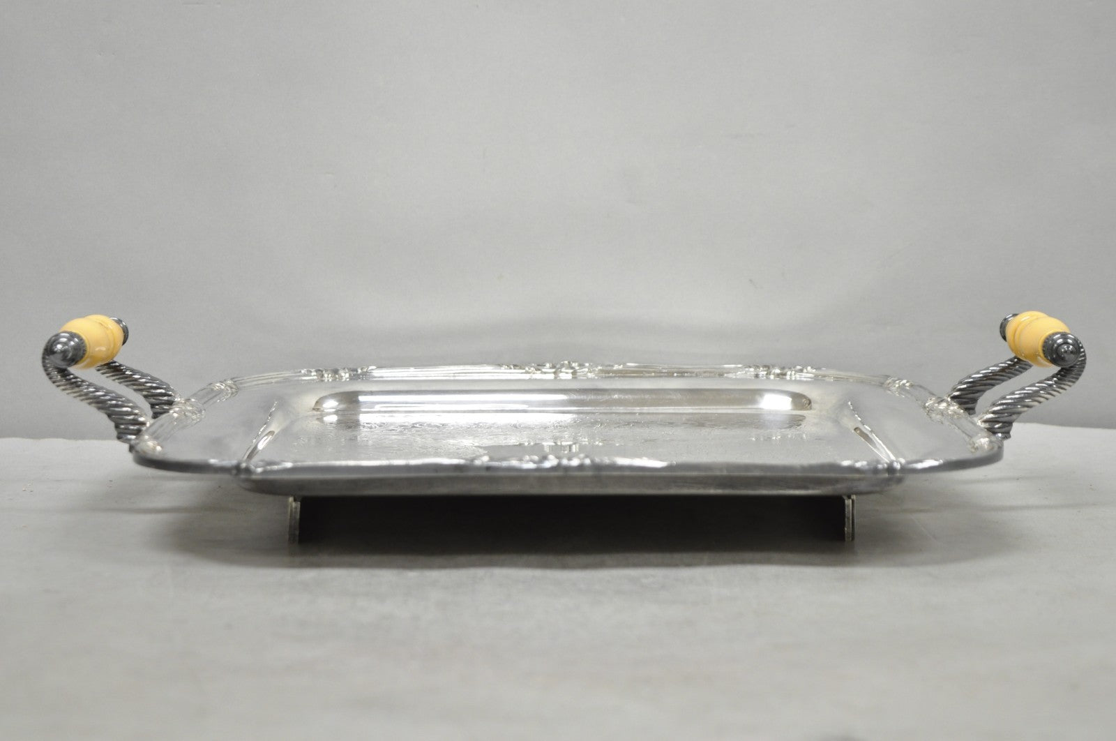 Vintage Sheffield Silver Plated Square Serving Bar Tray w/ Celluloid Handles