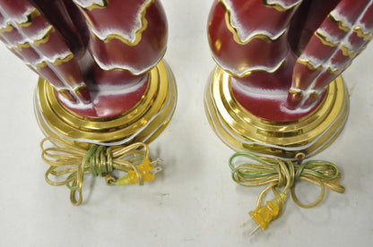 Vintage Art Nouveau Modern Brass Figural Swan Gold Red Table Lamps w Shades Pair