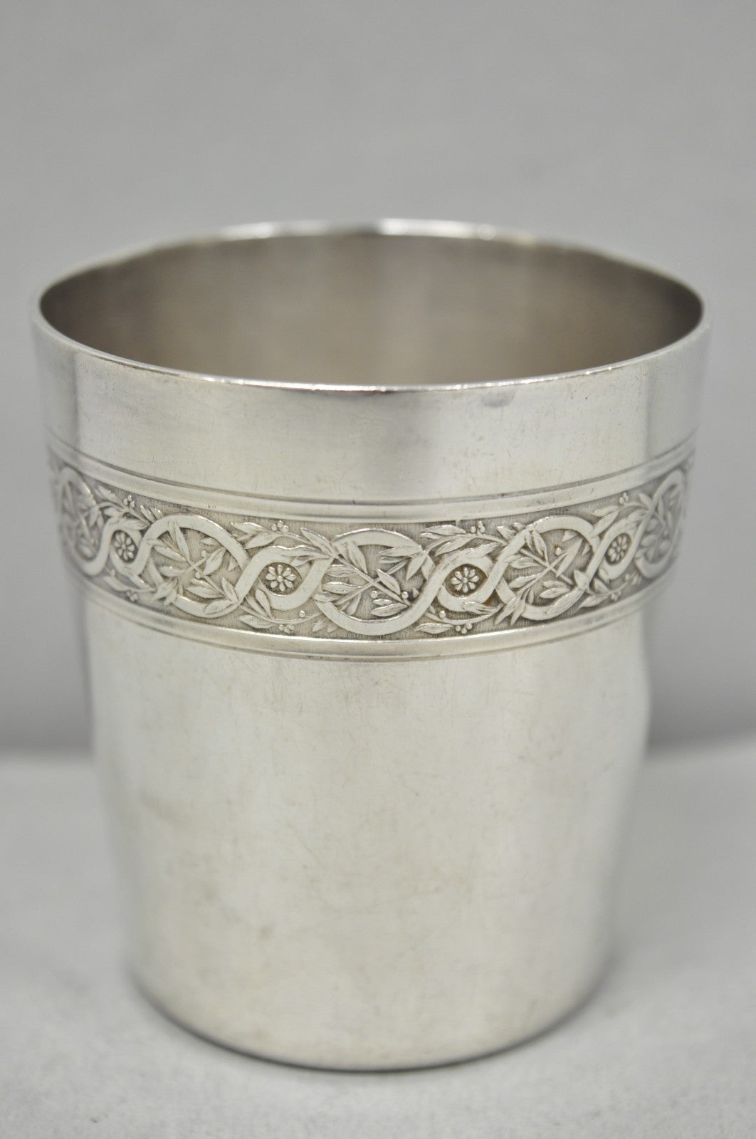 Antique Christofle French Silver Plated Shot Glass Goblet Cup w/ Wreath Pattern