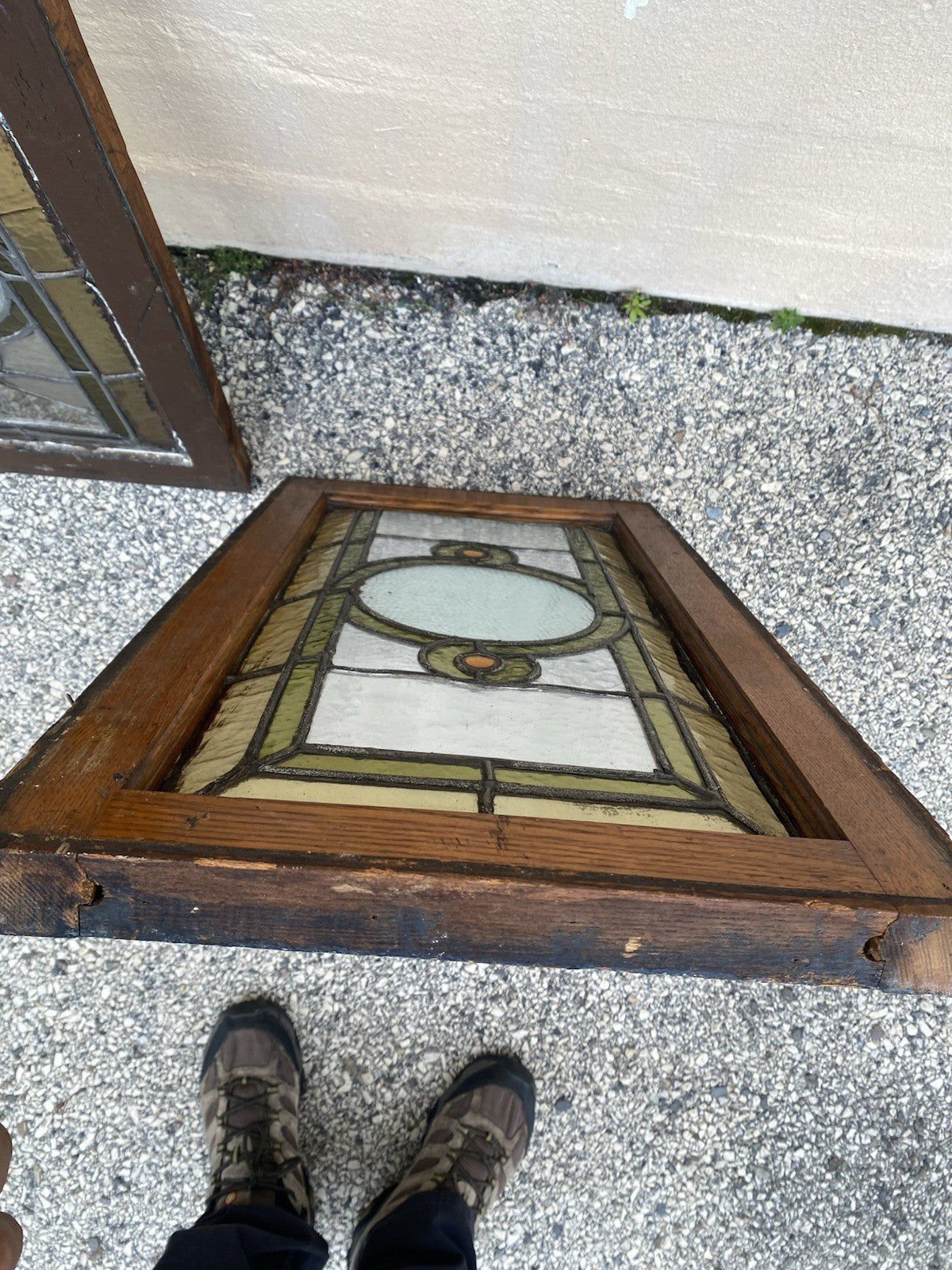 Antique Victorian Green Stained Glass Window Orange Jewel in Wood Frame Set of 3