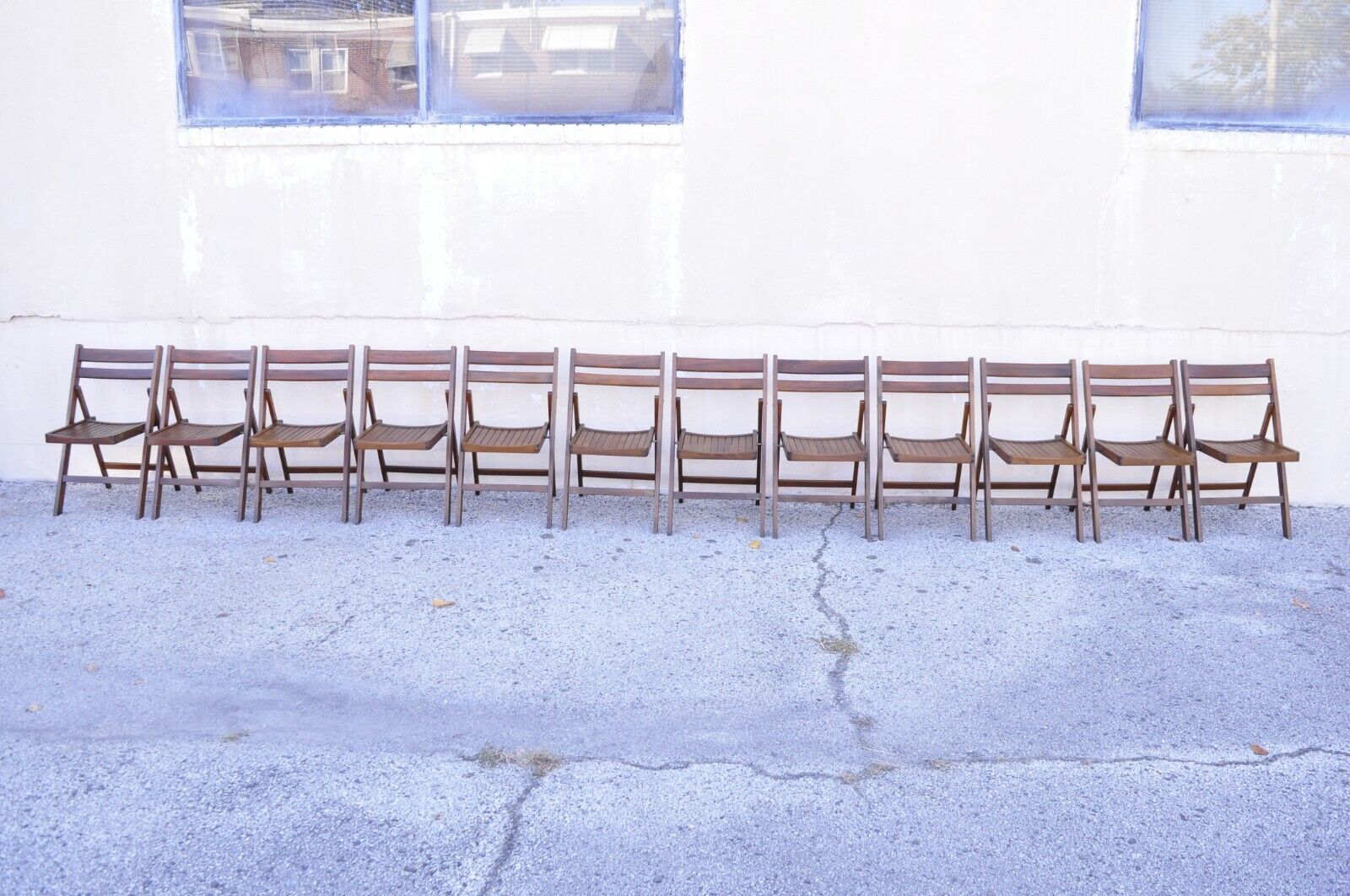 Vintage Mid Century Modern Solid Wood Slatted Folding Chairs  - Set of 6