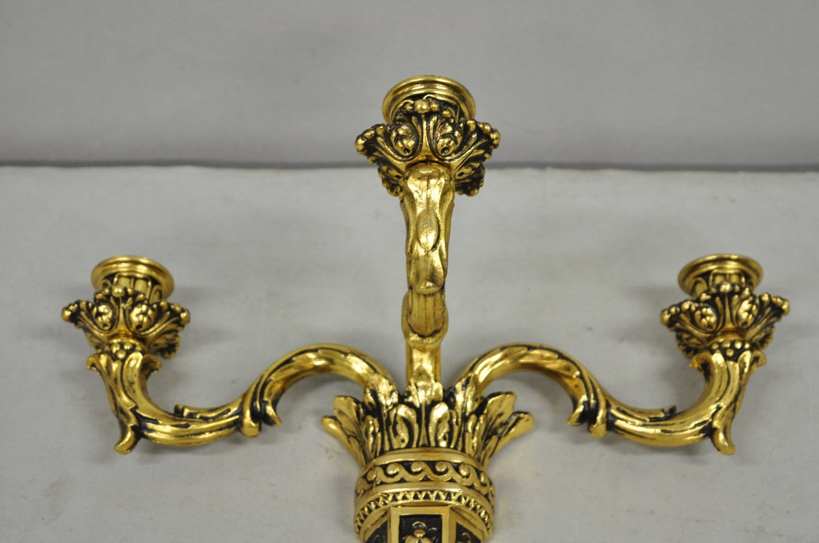 Vintage French Empire Gold Gilt Metal 3 Arm Torch Candelabra Wall Sconces a Pair