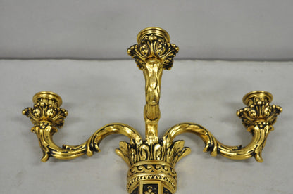 Vintage French Empire Gold Gilt Metal 3 Arm Torch Candelabra Wall Sconces a Pair