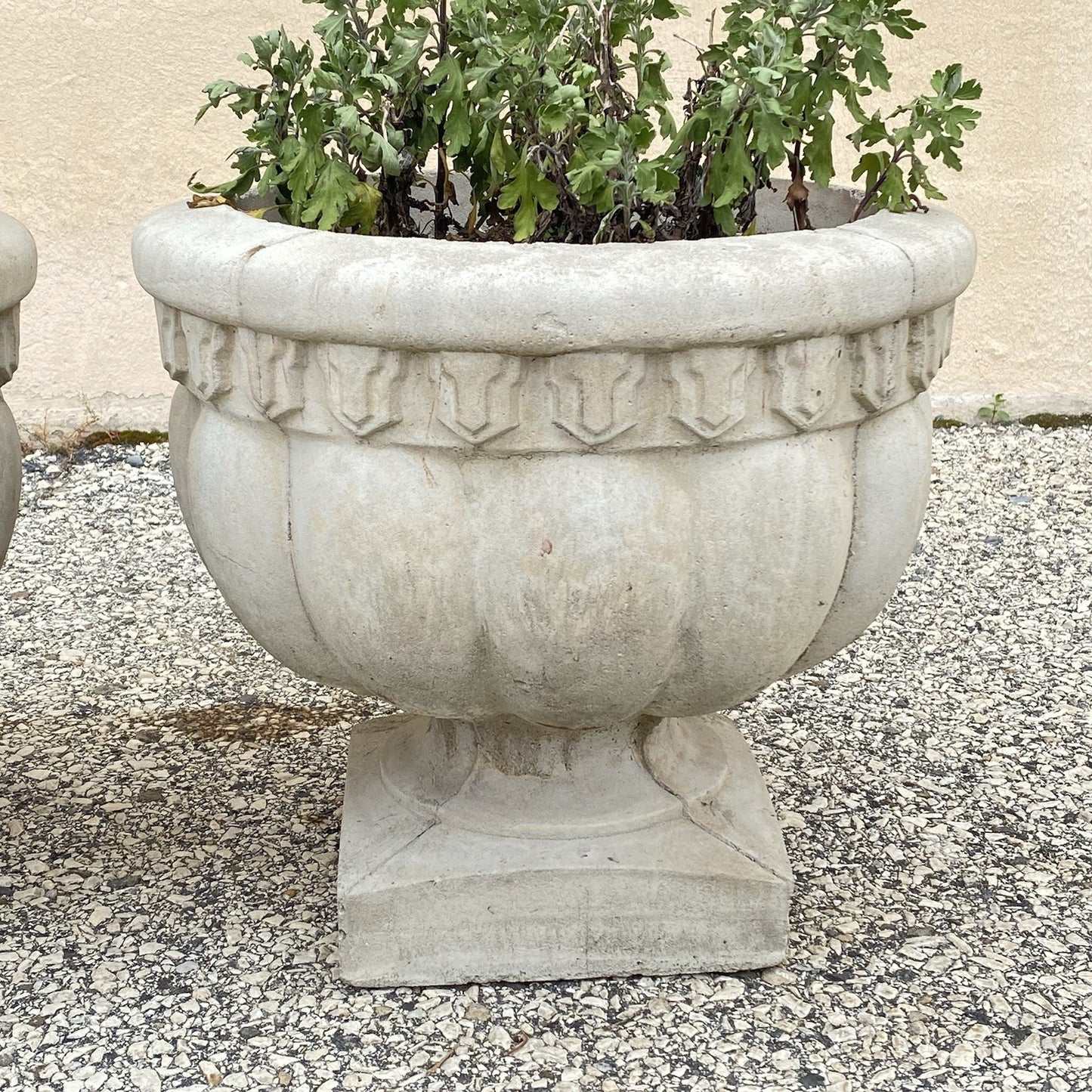 Vintage Cast Concrete Stone 15" Round Cement Urn Garden Planter Pot - a Pair