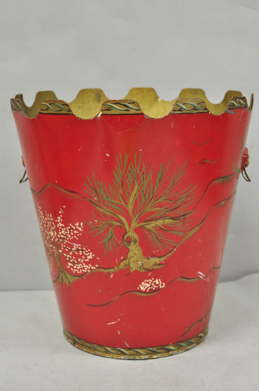 Italian Chinoiserie Hand Painted Oriental Red Tole Metal Wastebasket Trashcan