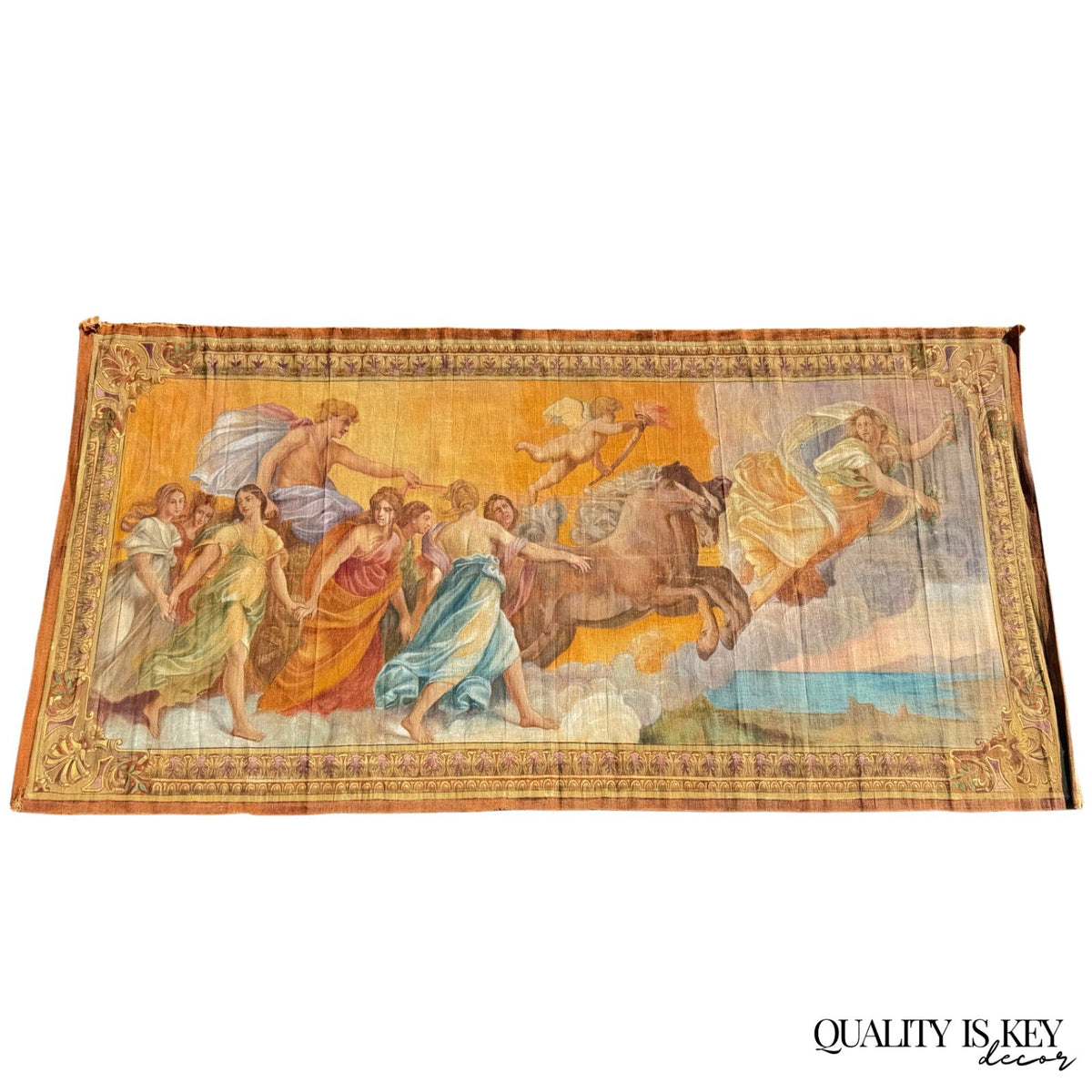 19th C. French Toile Peinte Hand Painted 112" Tapestry after Reni "The Aurora"