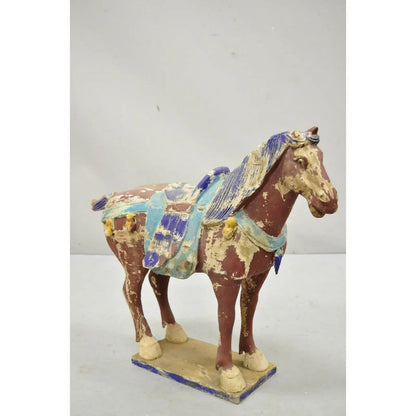 Chinese Polychrome Wooden Carved Wood 28" Tang Horse Sculpture Statue Red Blue