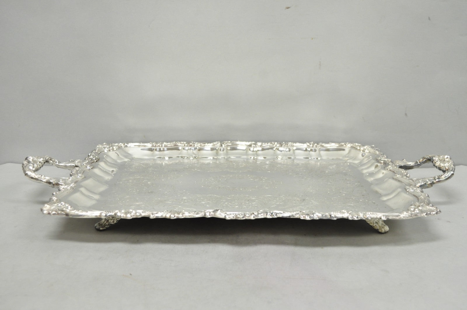 Vintage Sheridan English Victorian Silver Plated Footed Serving Platter Bar Tray