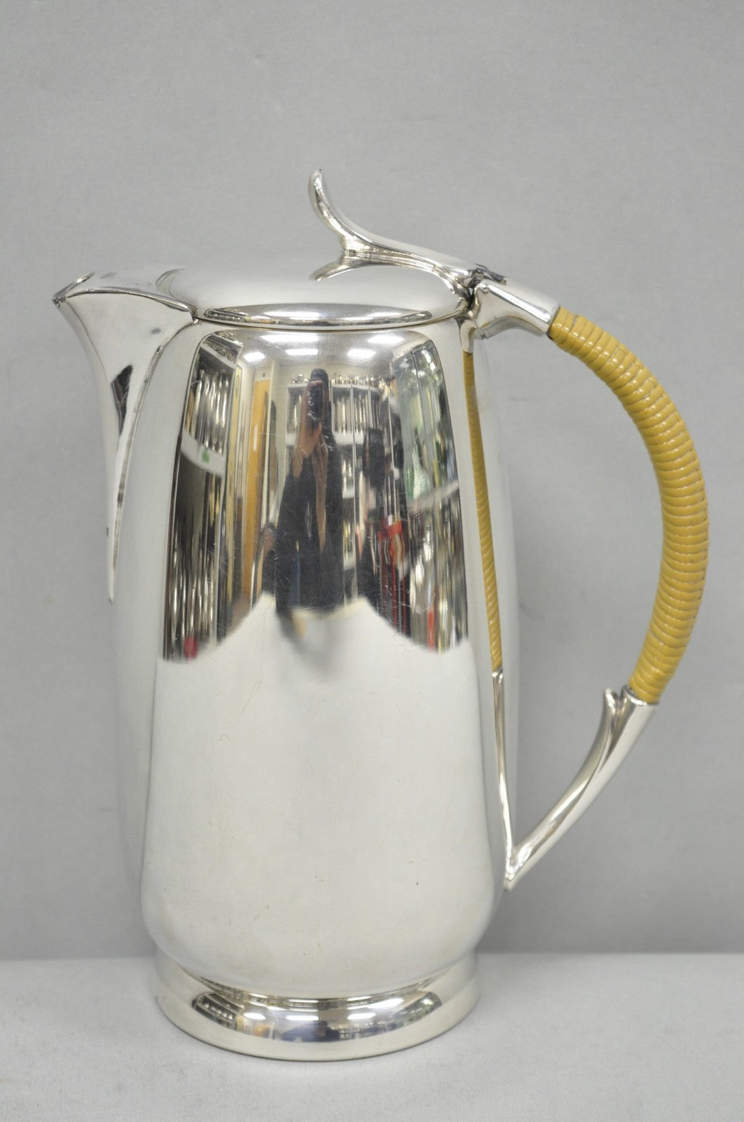 Amston Mid Century Modern Silver Plated Rattan Wicker Handle Coffee Pot Pitcher