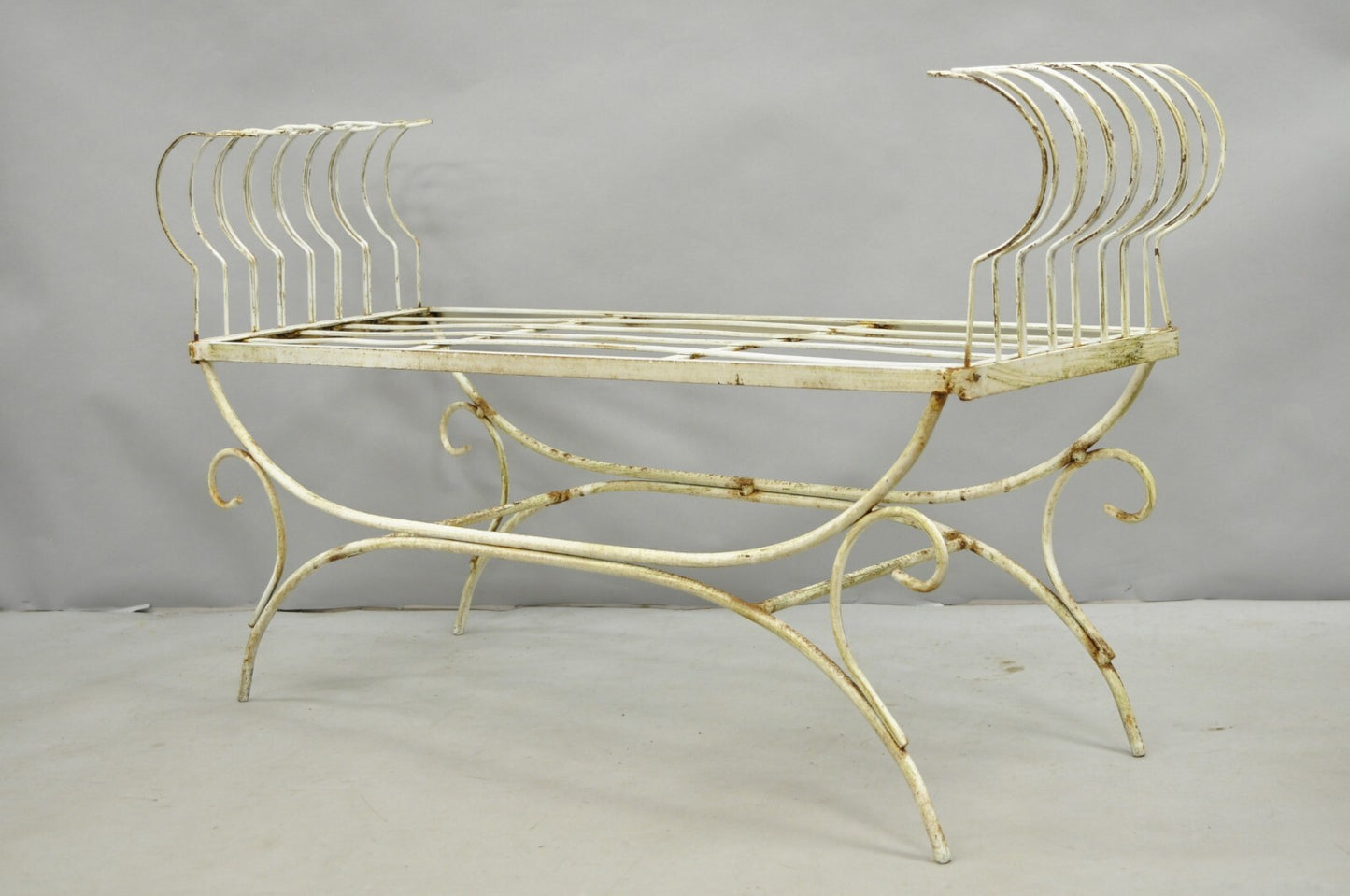 Vintage Hollywood Regency White Wrought Iron Curule X Frame Window Bench