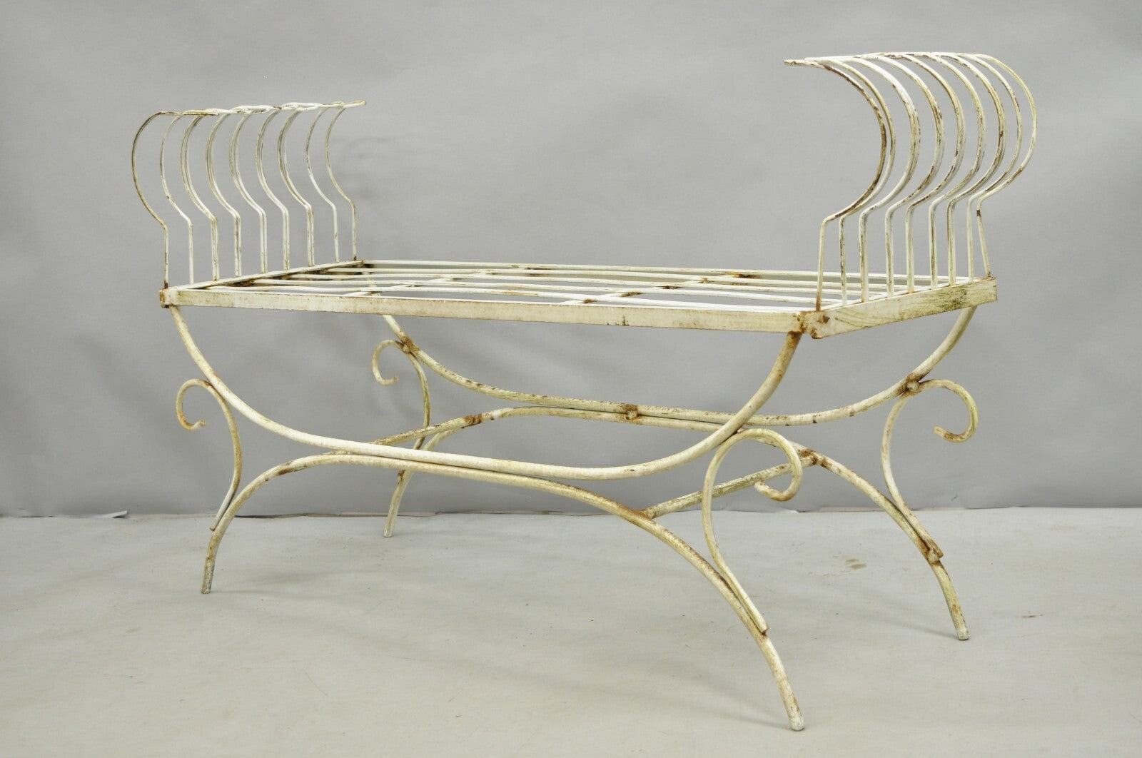 Vintage Hollywood Regency White Wrought Iron Curule X Frame Window Bench