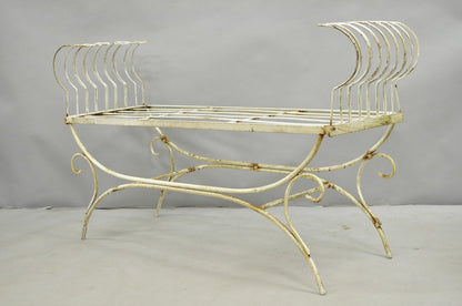 Vintage Hollywood Regency White Wrought Iron Curule X Frame Window Bench