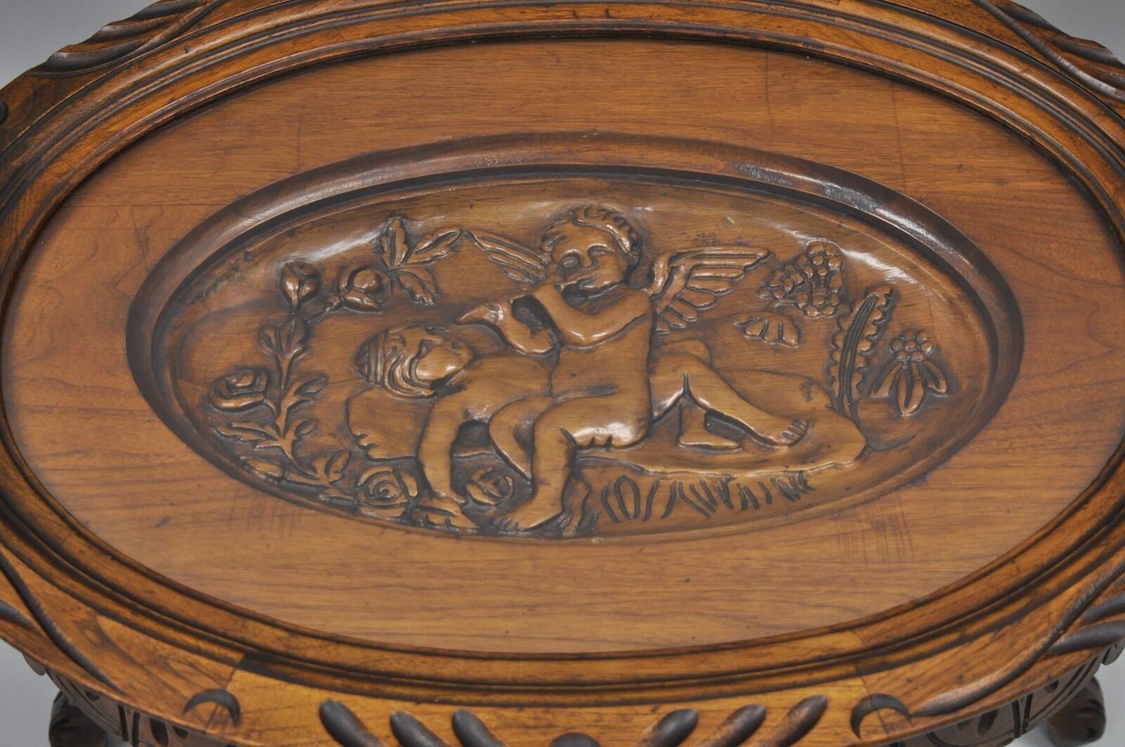 French Renaissance Style Glass Top Tray Coffee Table with Carved Cherubs Angels