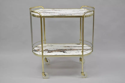 Vintage Mid Century Modern Brass Rolling Bar Tea Cart Laminate Faux Marble