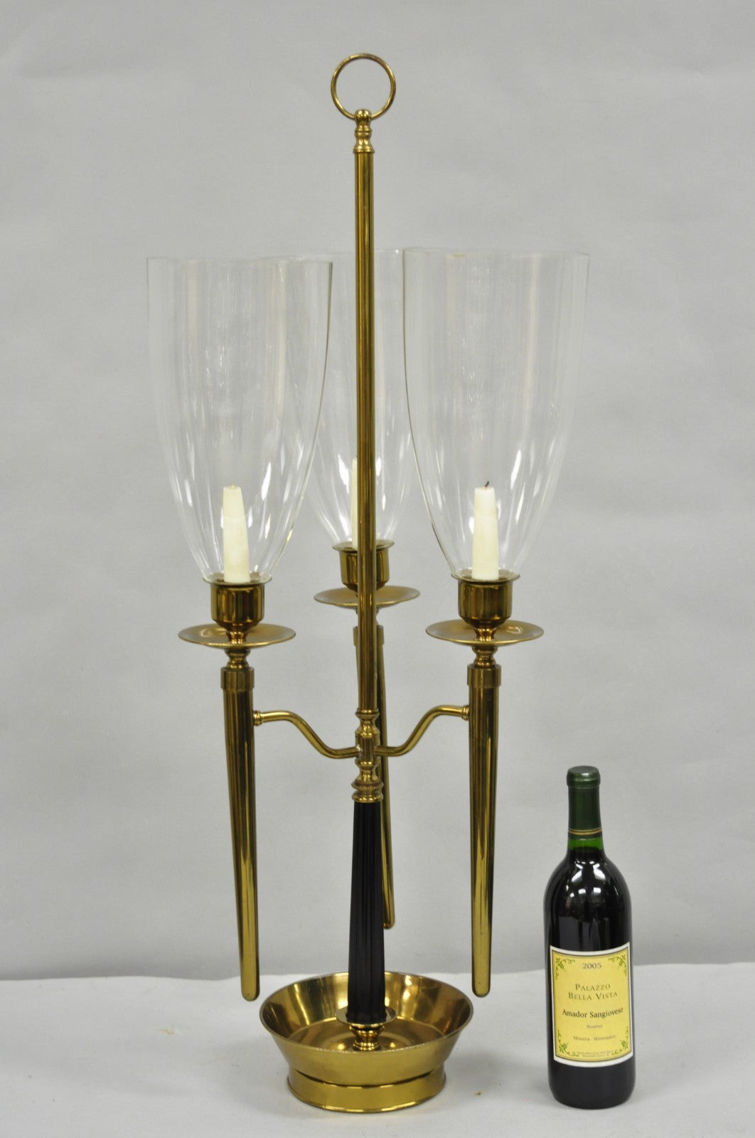 Tommi Parzinger Style Mid Century Modern Tall Brass Hurricane Shade Candelabra