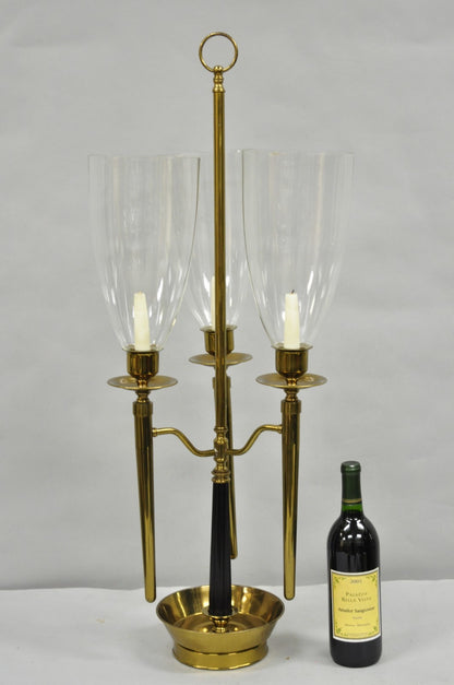 Tommi Parzinger Style Mid Century Modern Tall Brass Hurricane Shade Candelabra