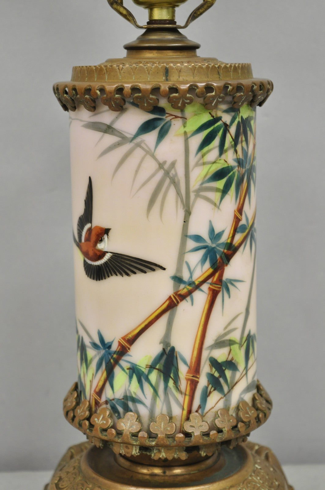 Art Nouveau Converted Oil Lamp Glass Cylinder Bird Painted Bronze Table Lamp