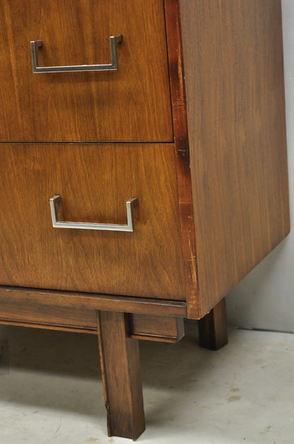 Vintage Mid Century Modern Walnut Veneer 4 Drawer Chrome Pull Tall Chest Dresser