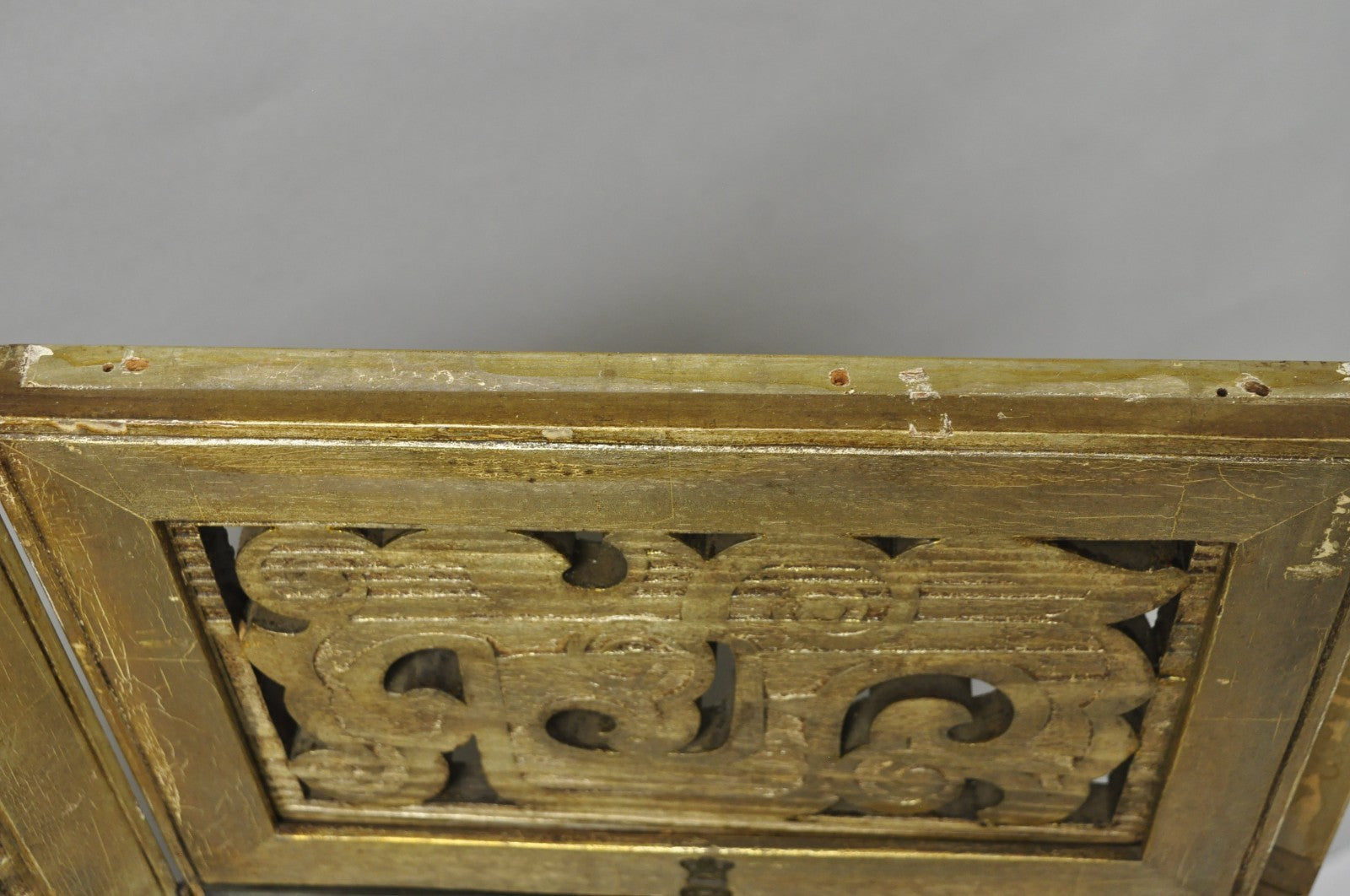 Antique Chinoiserie Oriental Eglomise Antiqued Mirror Glass 3 Panel Room Screen