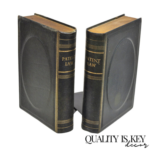 Vintage Italian Green Leather Bound "Patent Law" Faux Book Bookends (C) - Pair